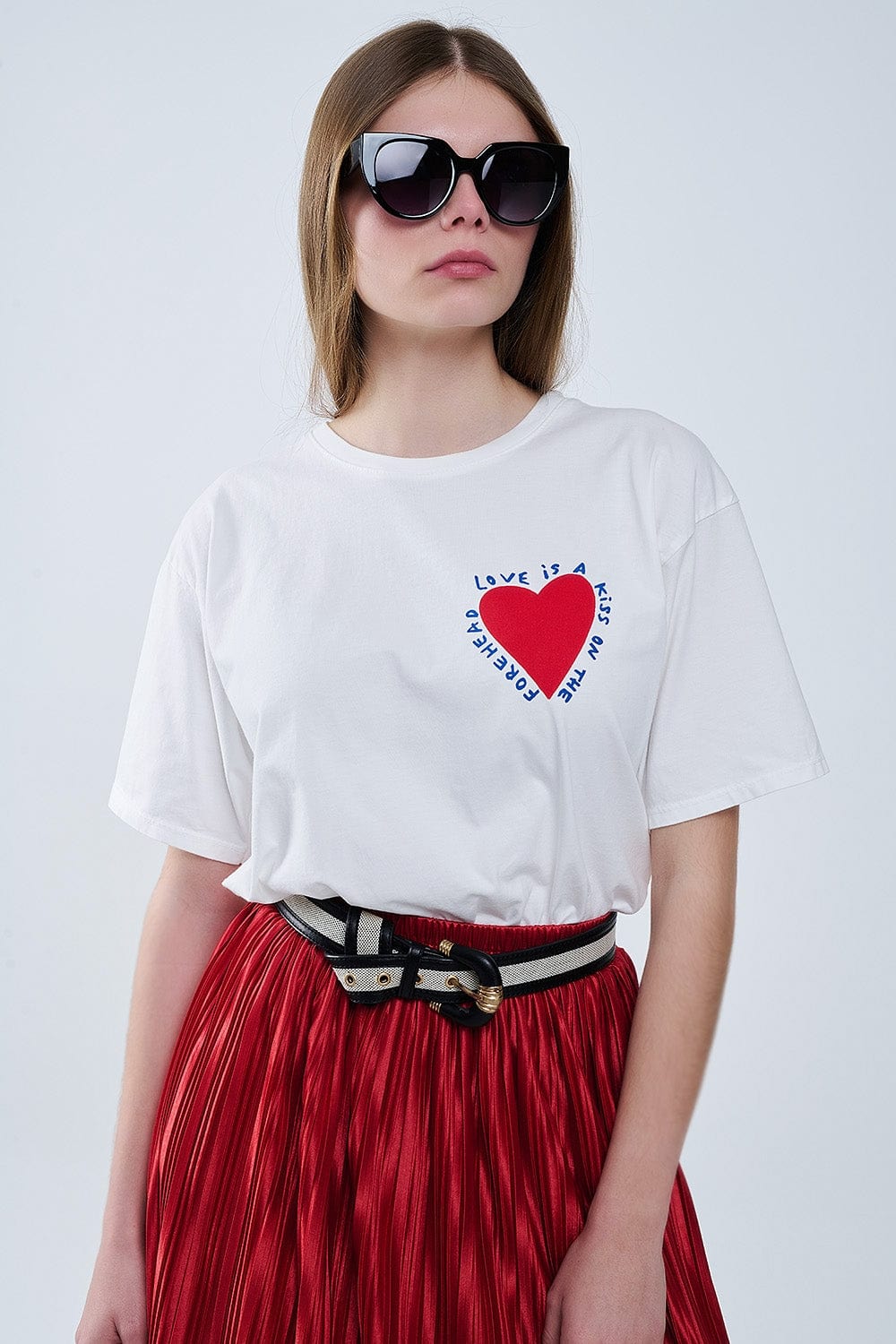 Q2 Women's Tees & Tanks One Size / White Relaxed White T-Shirt Featuring A Heart Design On Both The Front And Back