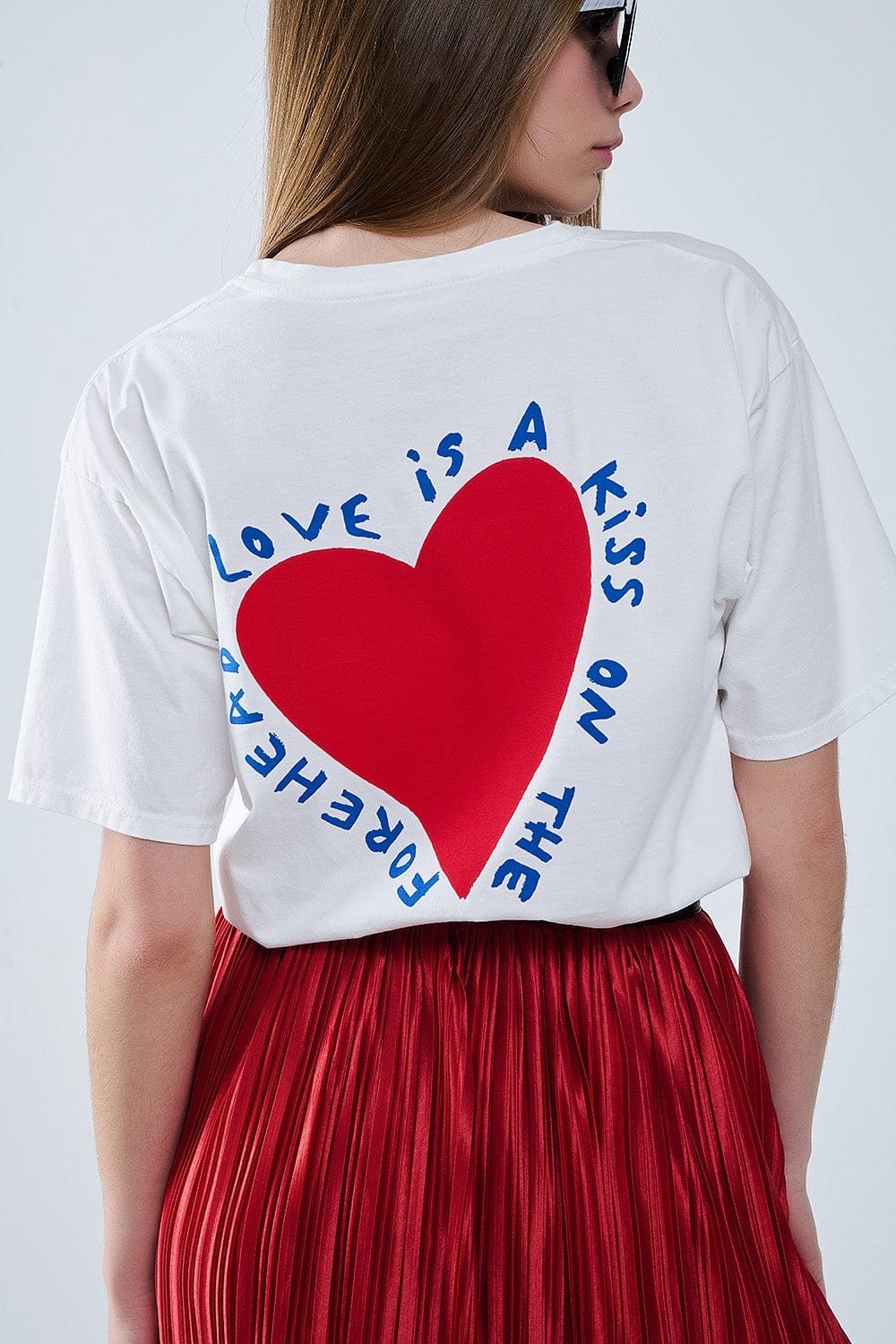 Q2 Women's Tees & Tanks One Size / White Relaxed White T-Shirt Featuring A Heart Design On Both The Front And Back