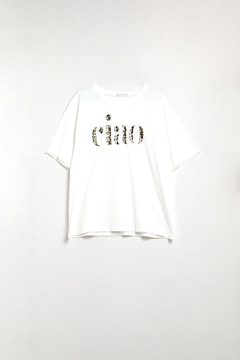 Q2 Women's Tees & Tanks One Size / White Relaxed White T-Shirt With Ciao In Leopard Print