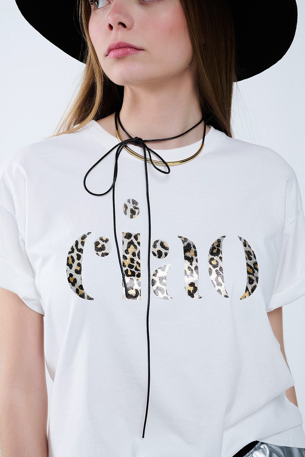 Q2 Women's Tees & Tanks One Size / White Relaxed White T-Shirt With Ciao In Leopard Print
