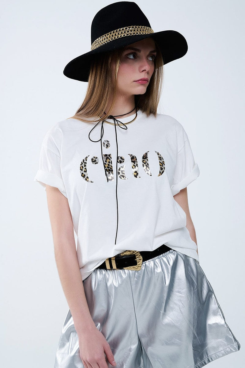 Q2 Women's Tees & Tanks One Size / White Relaxed White T-Shirt With Ciao In Leopard Print