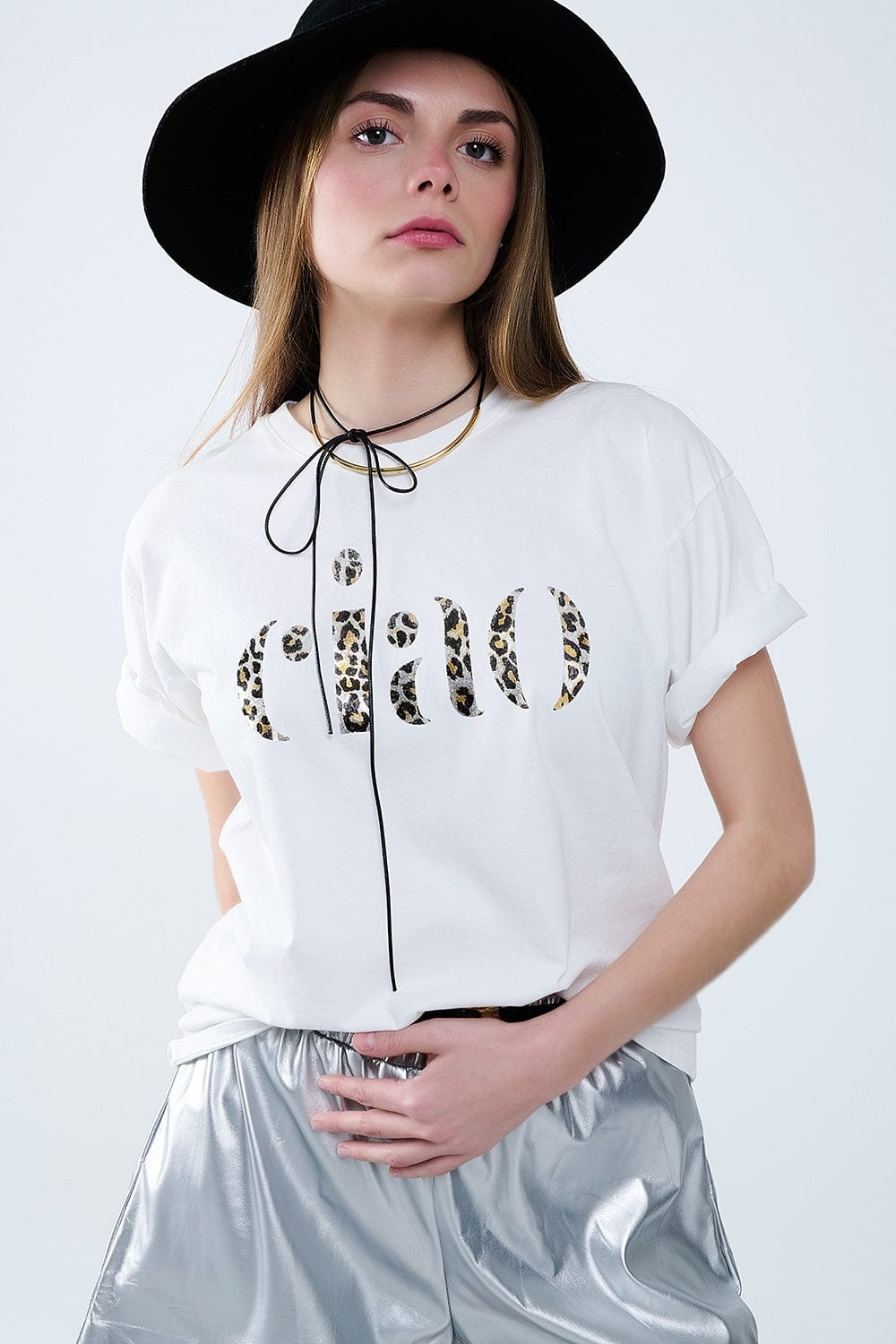 Q2 Women's Tees & Tanks One Size / White Relaxed White T-Shirt With Ciao In Leopard Print