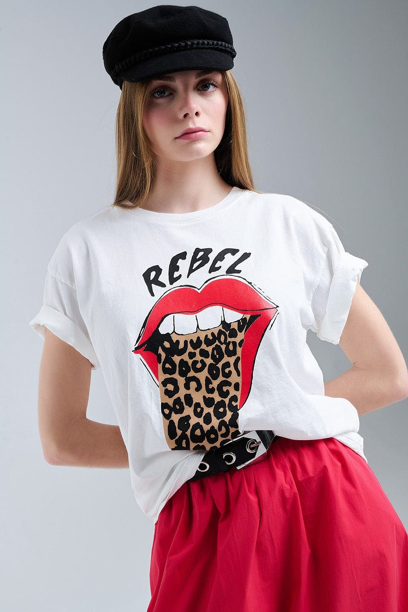 Q2 Women's Tees & Tanks One Size / White Relaxed White T-Shirt With Rebel And Lips Graphic Print