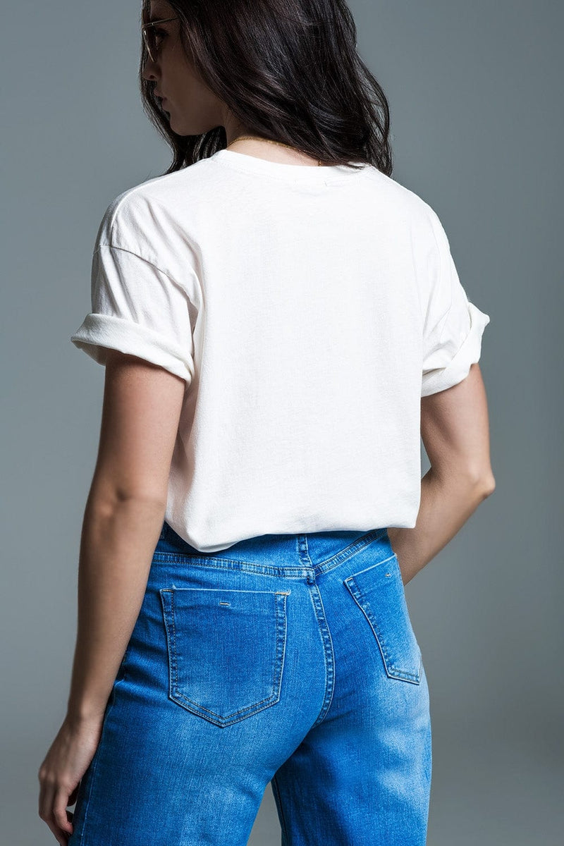 Q2 Women's Tees & Tanks One Size / White Short Sleeve T-Shirt With Graphic Peace Sign Design At The Front In Cream