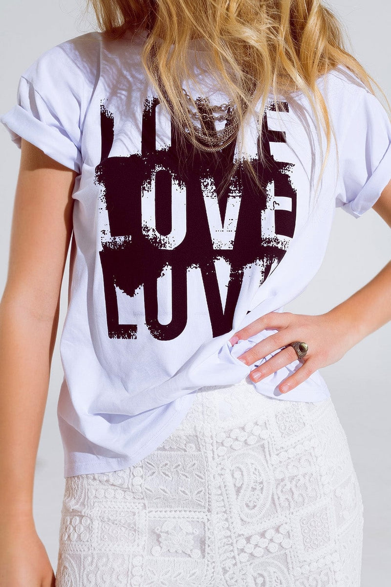 Q2 Women's Tees & Tanks One Size / White Short Sleeve T-Shirt With Love Text On Front In White