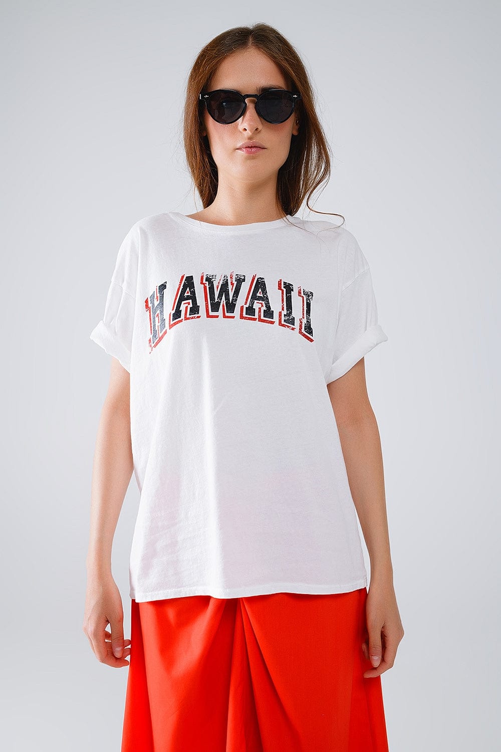 Q2 Women's Tees & Tanks One Size / White Washed Effect Hawaii T-Shirt In White