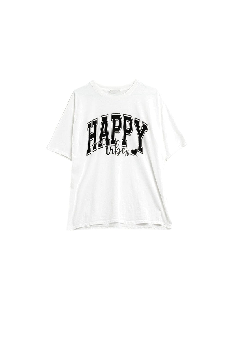 Q2 Women's Tees & Tanks One Size / White White Happy Vibes Graphic Relaxed T-Shirt