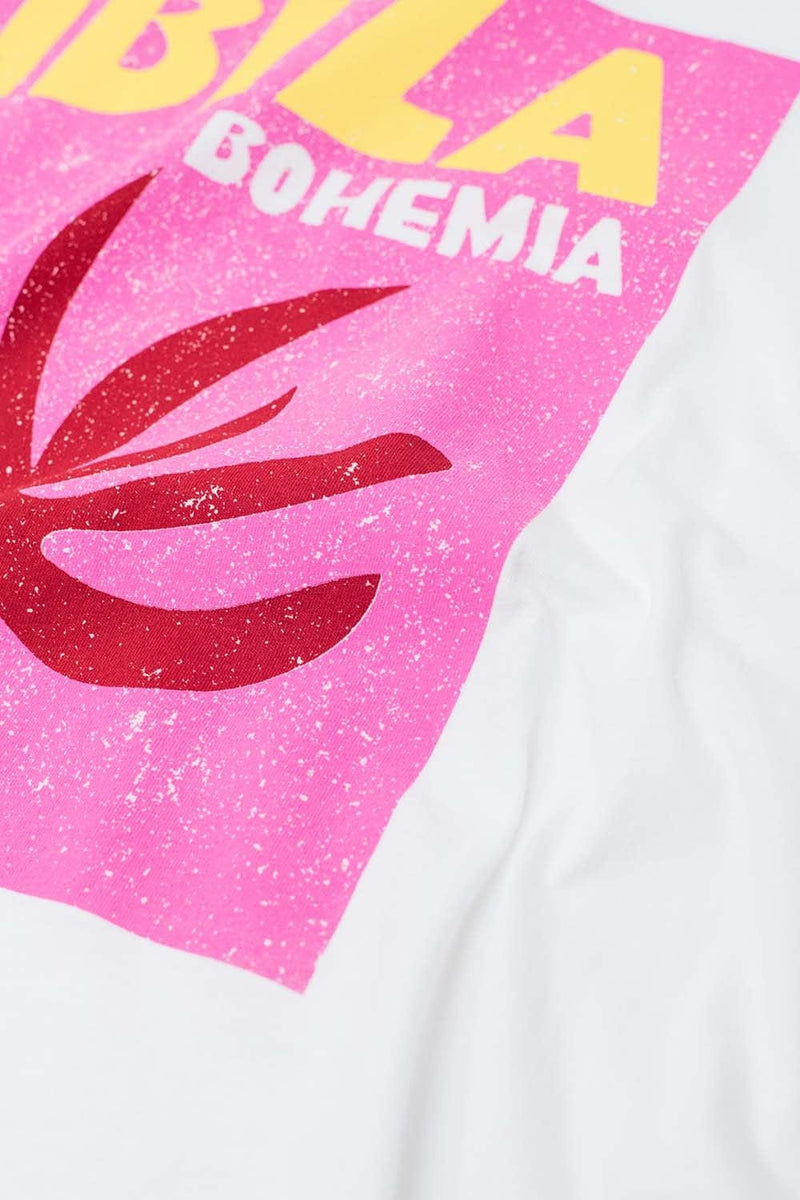 Q2 Women's Tees & Tanks One Size / White White Ibiza Bohemia Relaxed T-Shirt With Pink Print