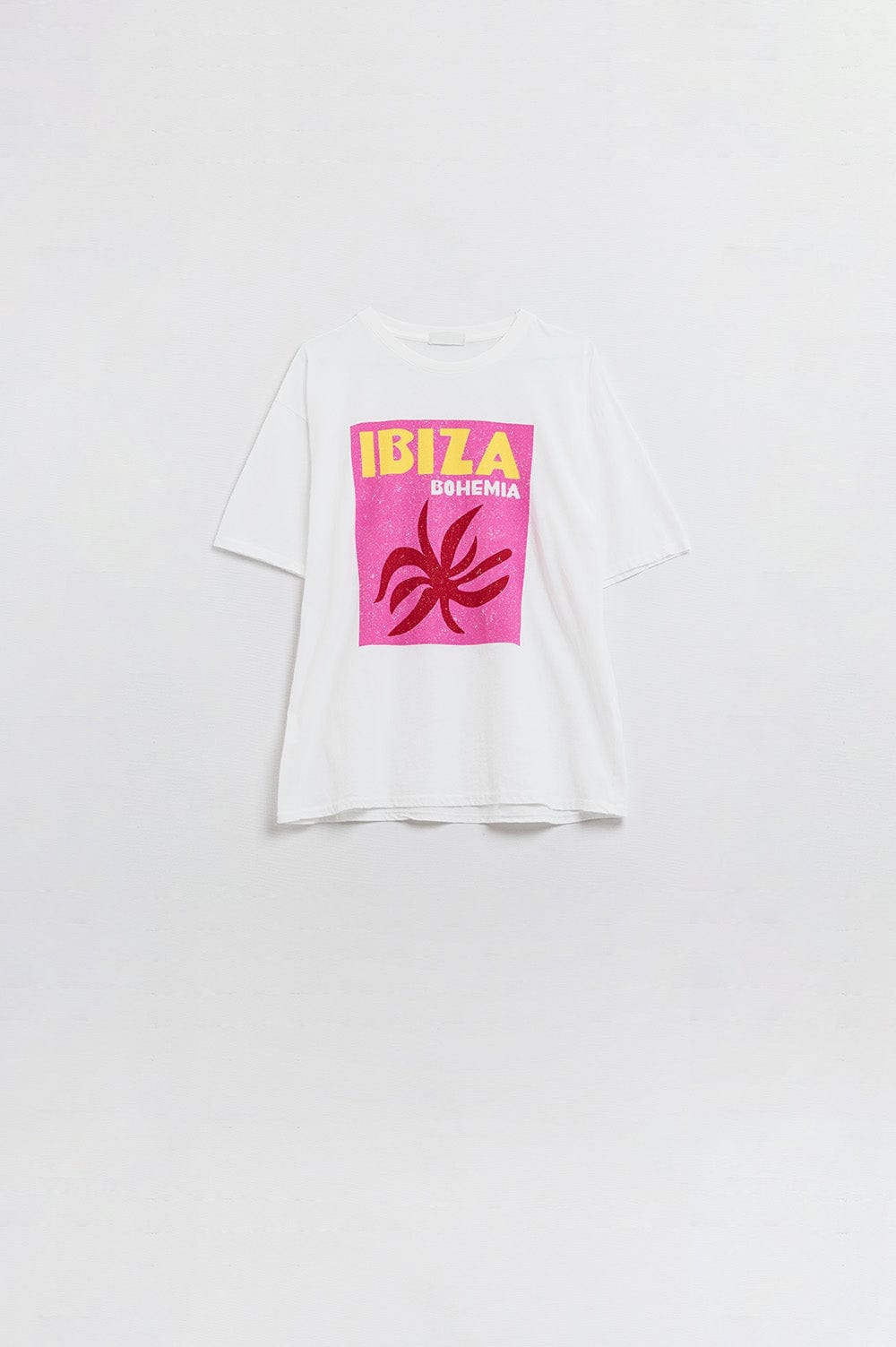 Q2 Women's Tees & Tanks One Size / White White Ibiza Bohemia Relaxed T-Shirt With Pink Print
