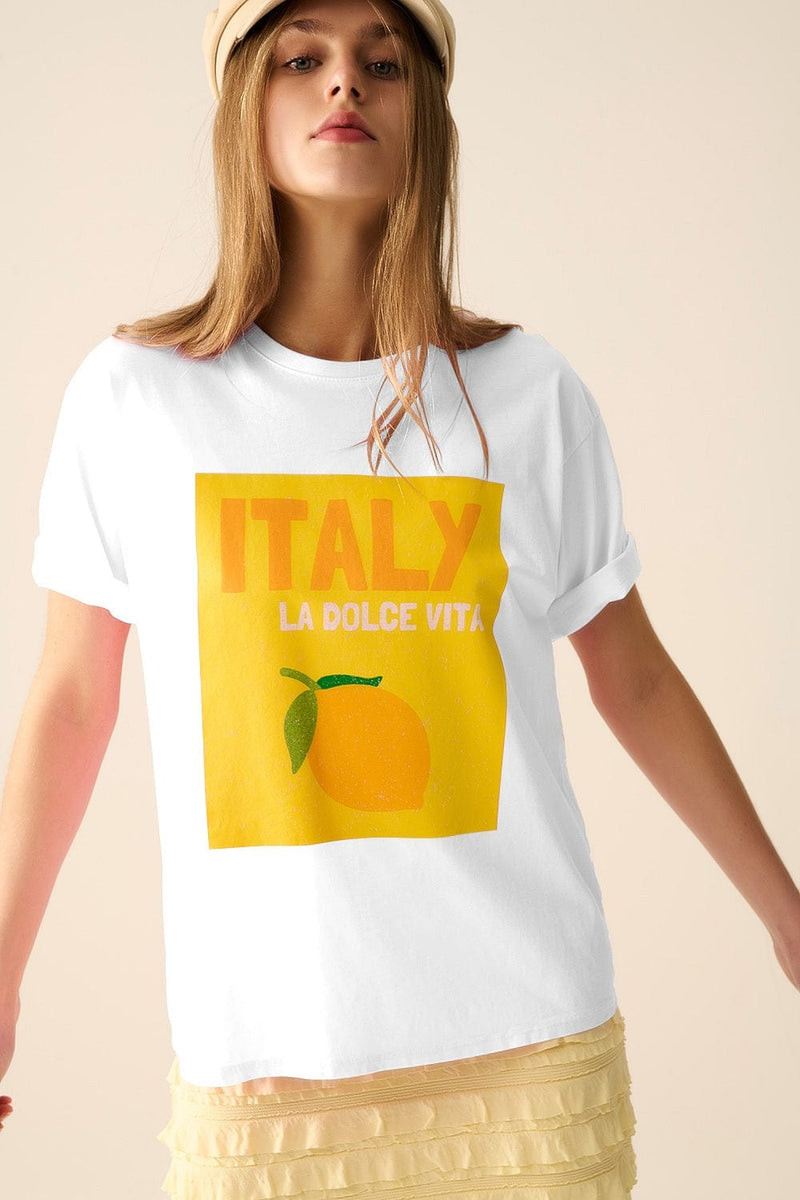 Q2 Women's Tees & Tanks One Size / White White Italy Dolce Vita T-Shirt With Lemon Graphic Print