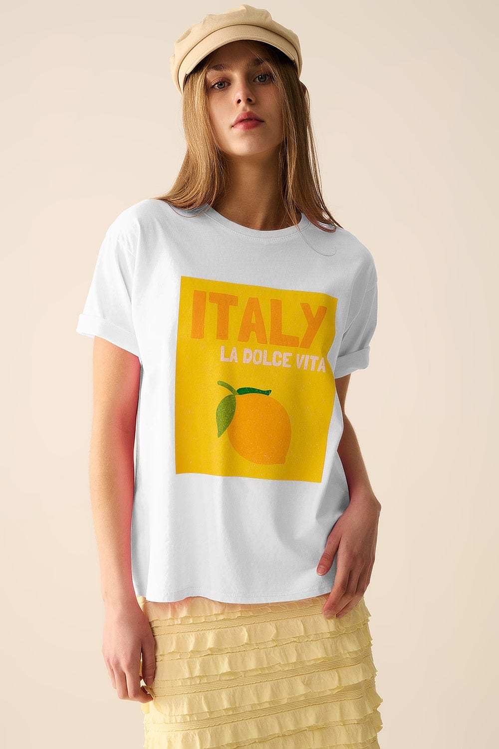 Q2 Women's Tees & Tanks One Size / White White Italy Dolce Vita T-Shirt With Lemon Graphic Print