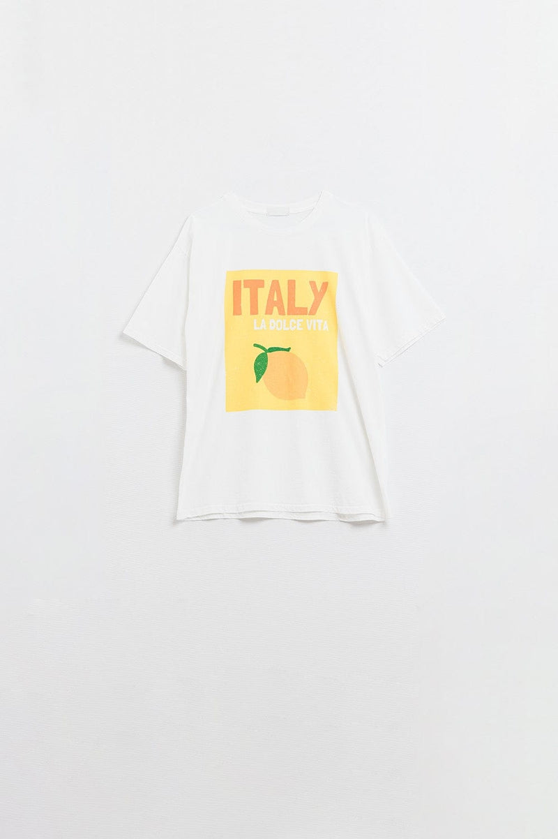 Q2 Women's Tees & Tanks One Size / White White Italy Dolce Vita T-Shirt With Lemon Graphic Print