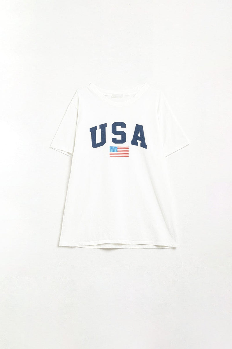 Q2 Women's Tees & Tanks One Size / White White Loose Long T-Shirt With Usa Logo