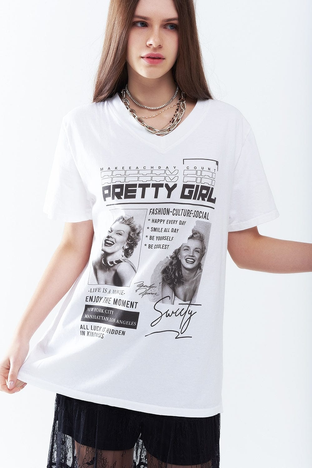 Q2 Women's Tees & Tanks One Size / White White Relaxed Marilyn Monroe T-Shirt With Pop Culture Icons