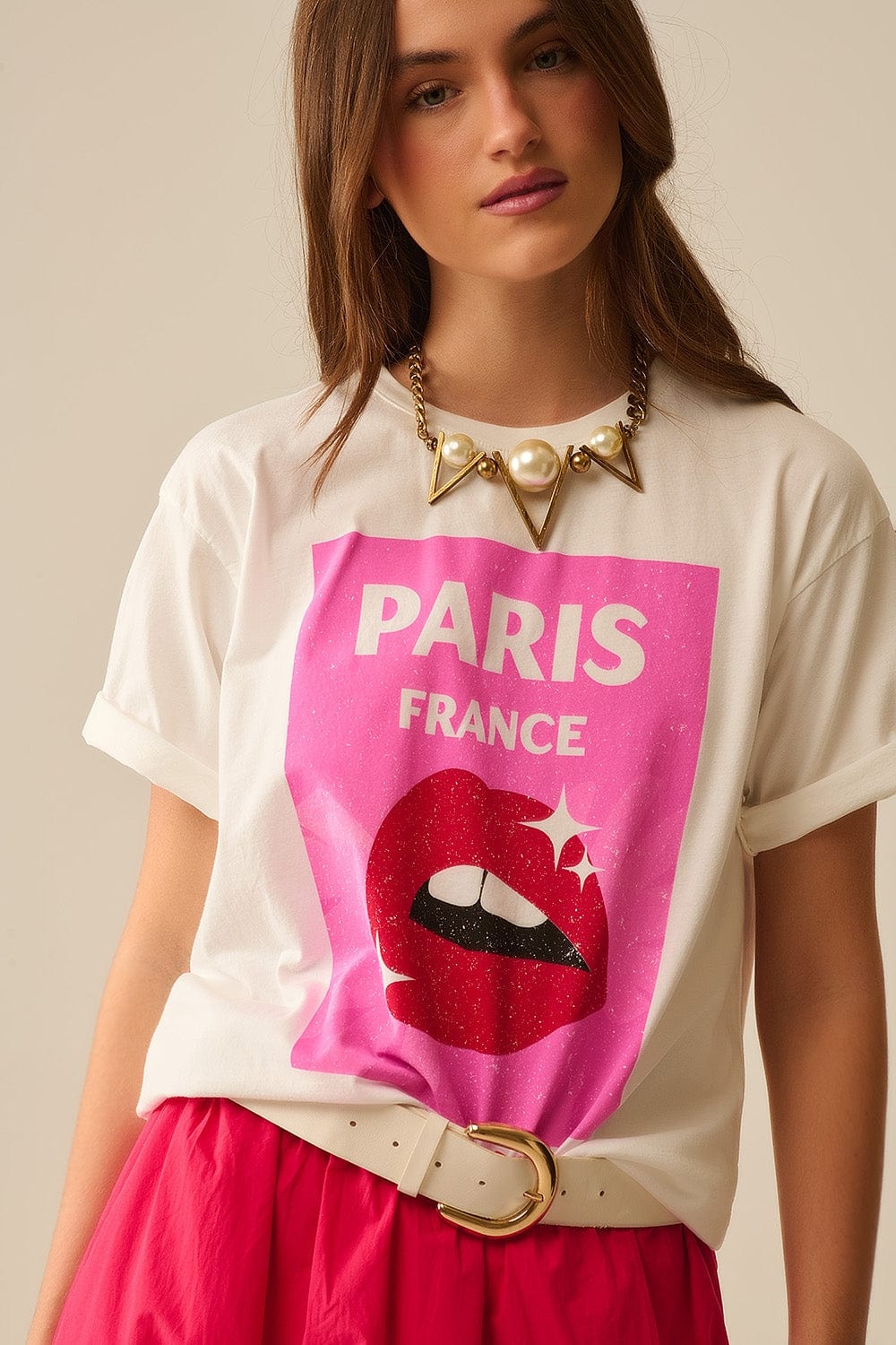 Q2 Women's Tees & Tanks One Size / White White Relaxed T-Shirt With Lip Print Made In Italy