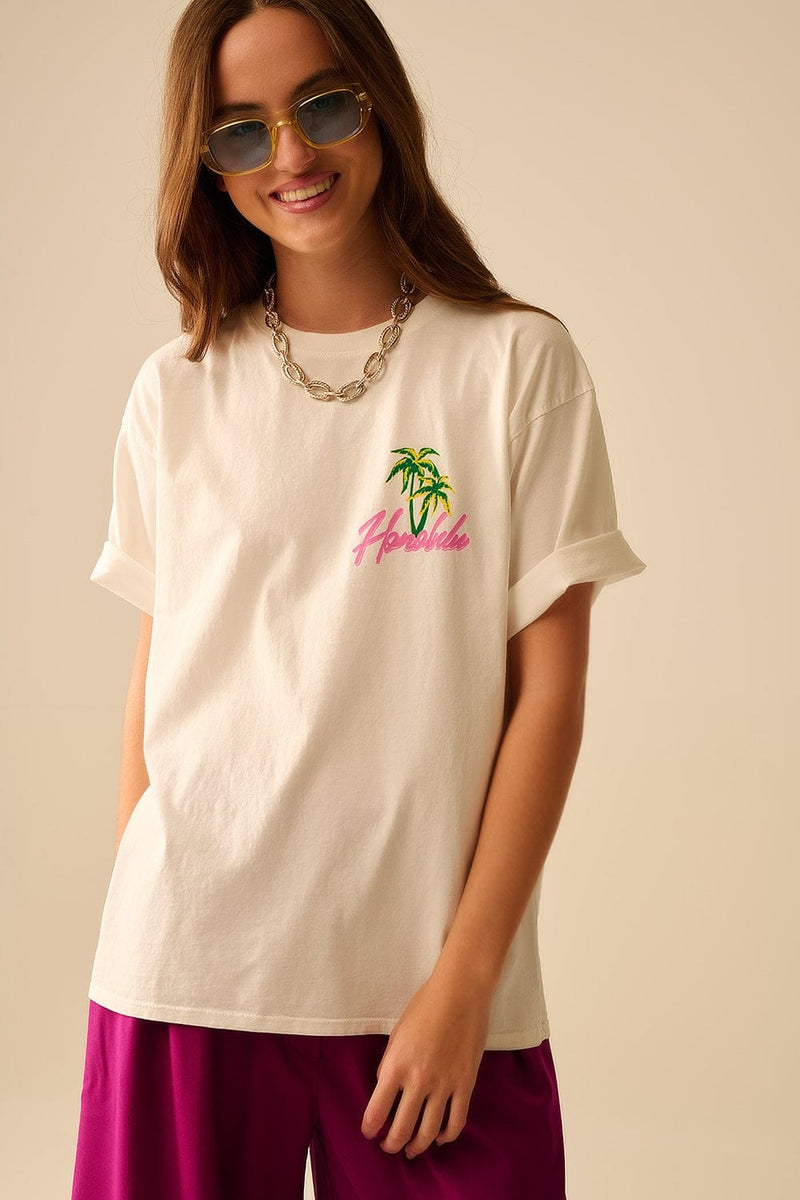 Q2 Women's Tees & Tanks One Size / White White T-Shirt Made In Italy With Honolulu Graphic
