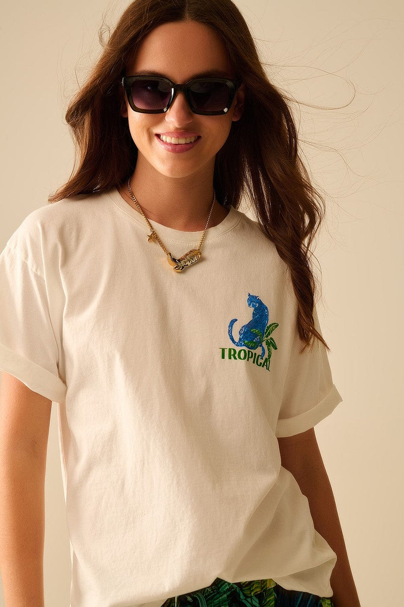 Q2 Women's Tees & Tanks One Size / White White T-Shirt Made In Italy With Tropical Graphic Print