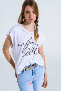 Q2 Women's Tees & Tanks One Size / White White T-Shirt With Black Text At The Front And Trim At The Neck