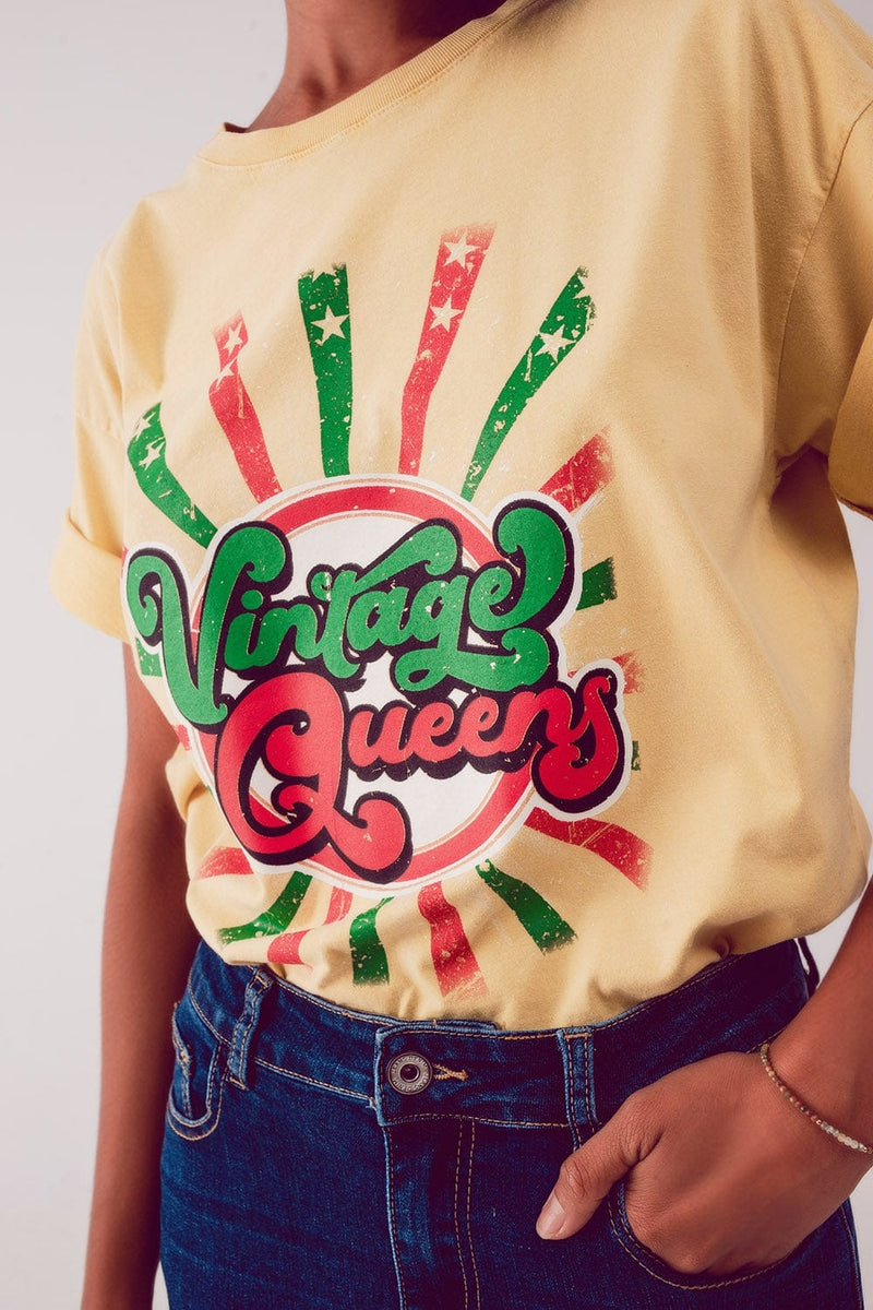 Q2 Women's Tees & Tanks One Size / Yellow / China Relaxed T Shirt with Yellow Vintage Queens Graphic