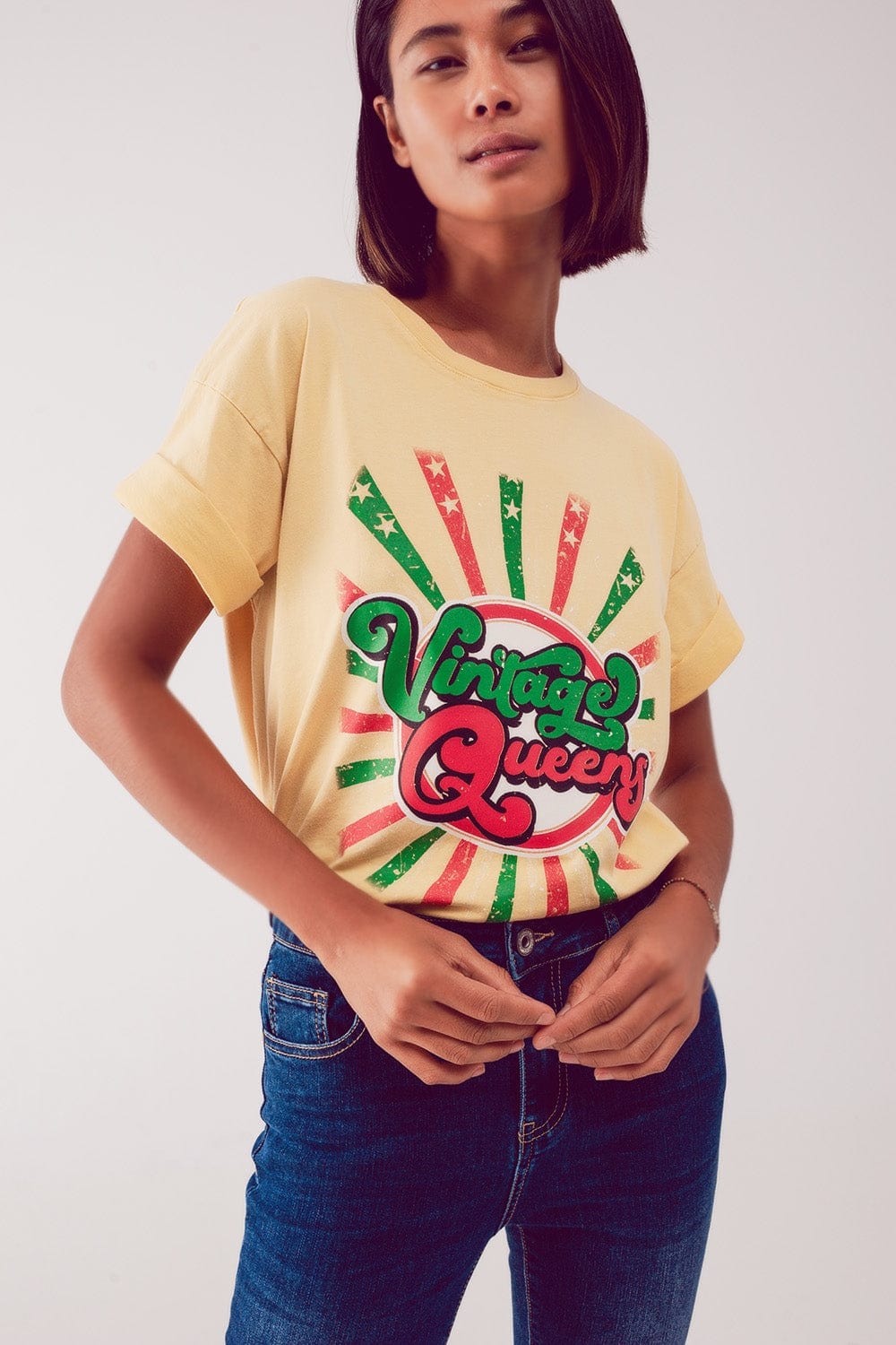 Q2 Women's Tees & Tanks One Size / Yellow / China Relaxed T Shirt with Yellow Vintage Queens Graphic