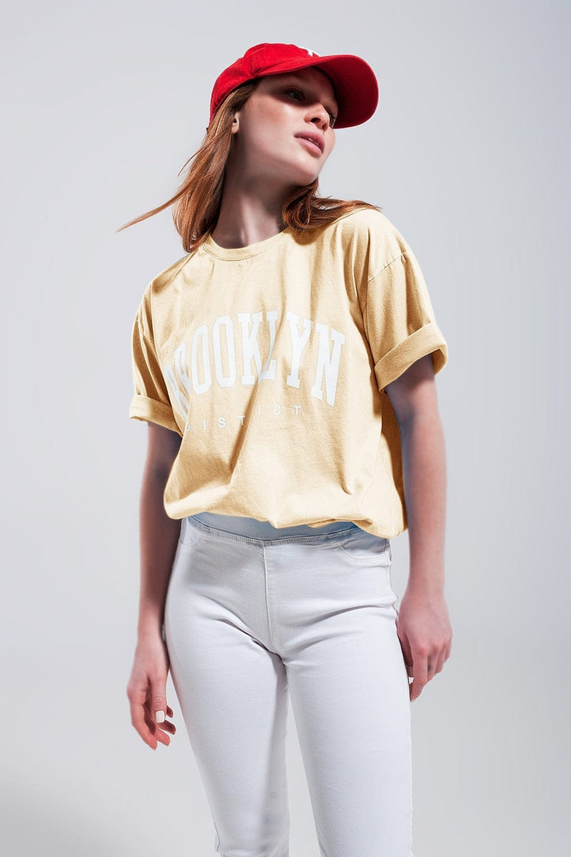 Q2 Women's Tees & Tanks One Size / Yellow / Italia T-Shirt with Brooklyn District Text in yellow