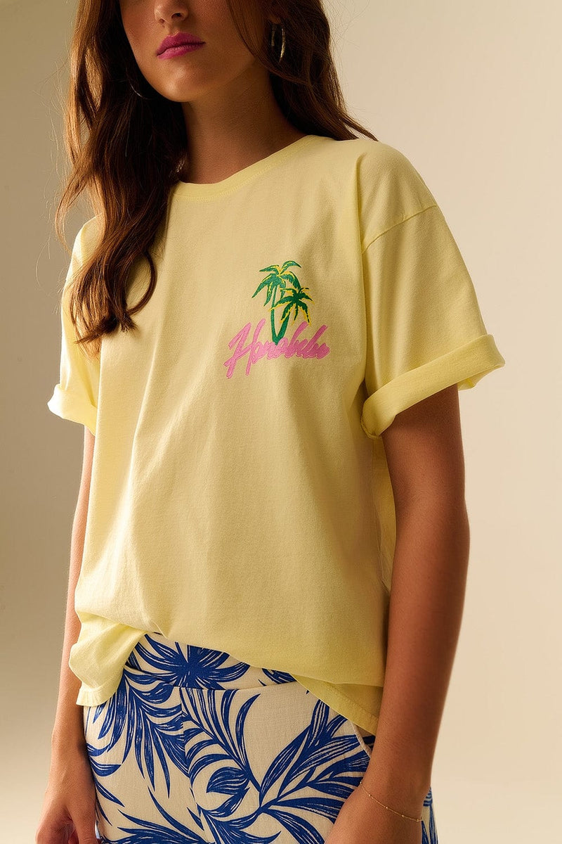 Q2 Women's Tees & Tanks One Size / Yellow Yellow T-Shirt Made In Italy With Honolulu Graphic