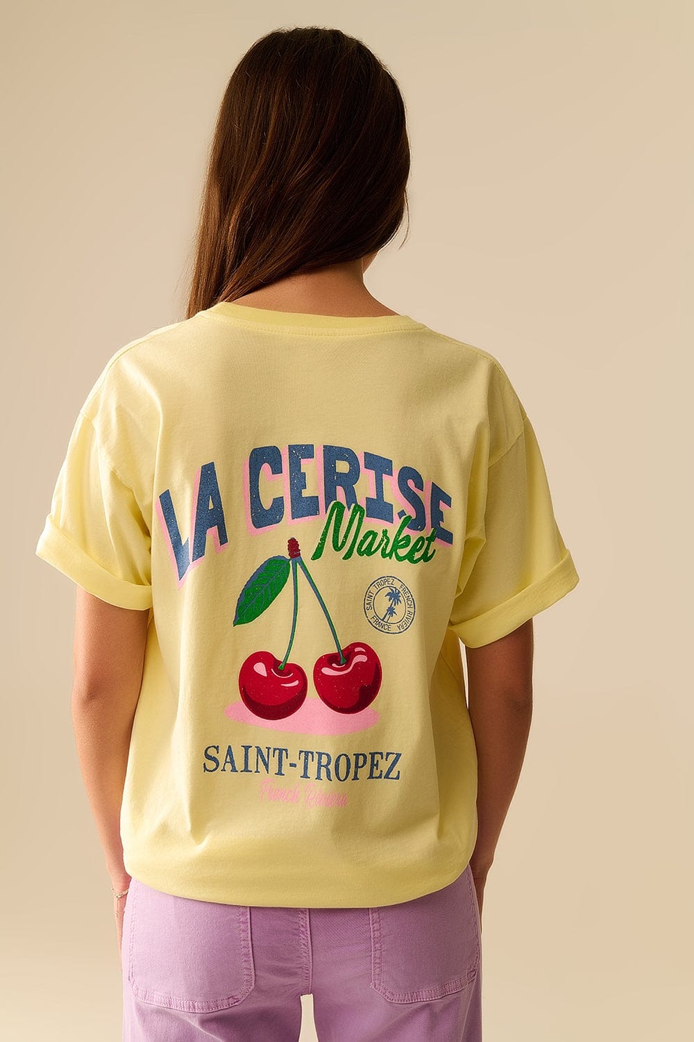 Q2 Women's Tees & Tanks One Size / Yellow Yellow T-Shirt With La Cerise Market Saint-Tropez Graphic