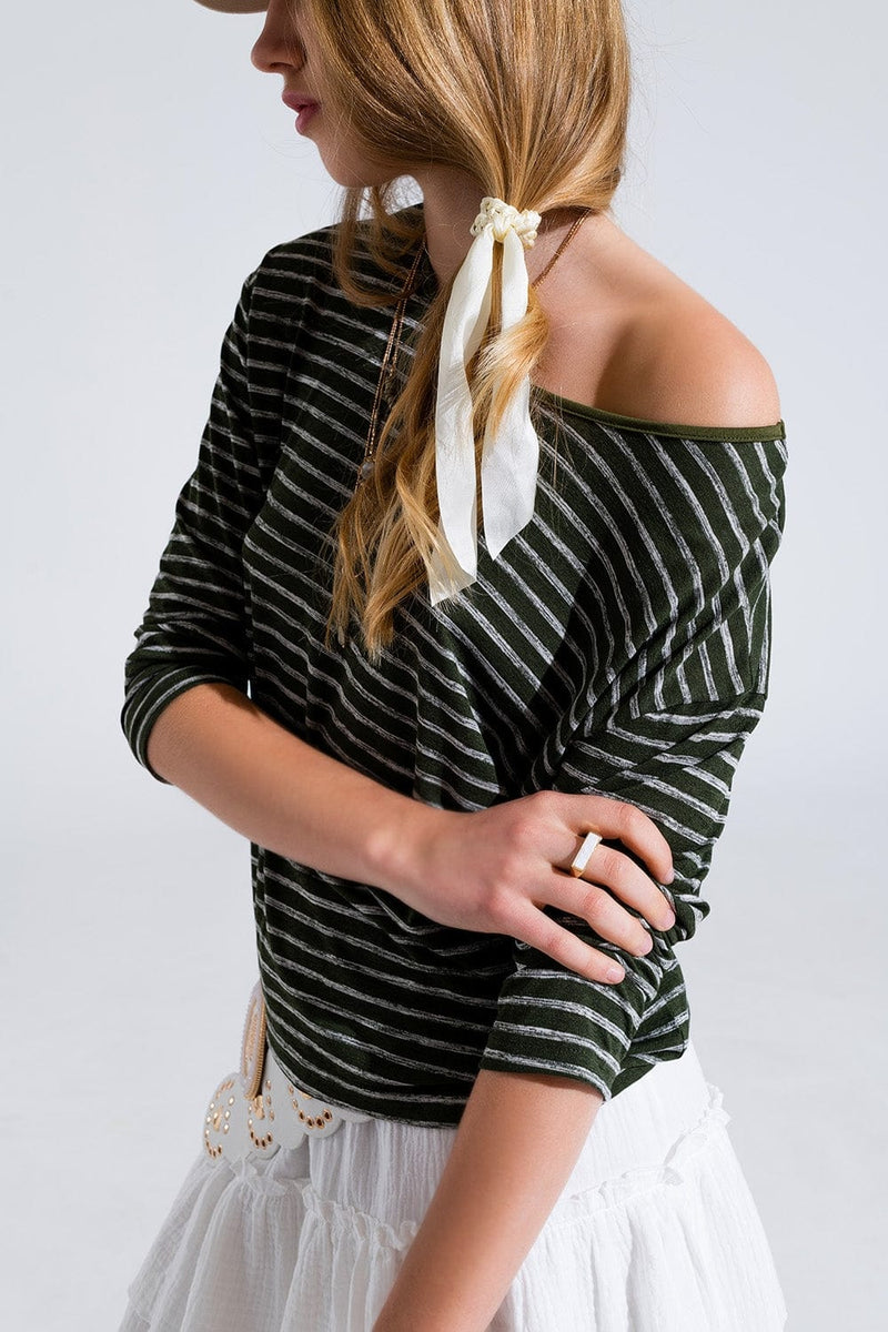 Q2 Women's Tees & Tanks Relaxed Striped T-Shirt In Khaki With Open Back Detail