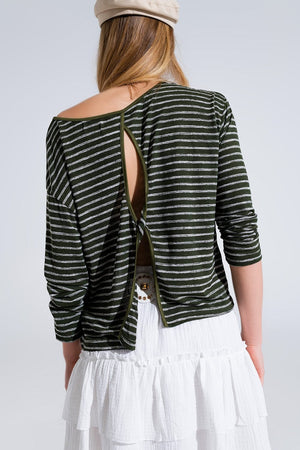 Q2 Women's Tees & Tanks Relaxed Striped T-Shirt In Khaki With Open Back Detail