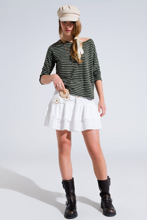 Q2 Women's Tees & Tanks Relaxed Striped T-Shirt In Khaki With Open Back Detail