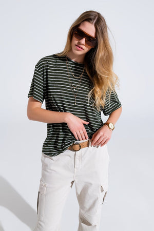 Q2 Women's Tees & Tanks Relaxed Striped T-Shirt With Crew Neckline In Khaki