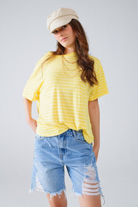 Q2 Women's Tees & Tanks Relaxed Striped T-Shirt With Crew Neckline In Yellow