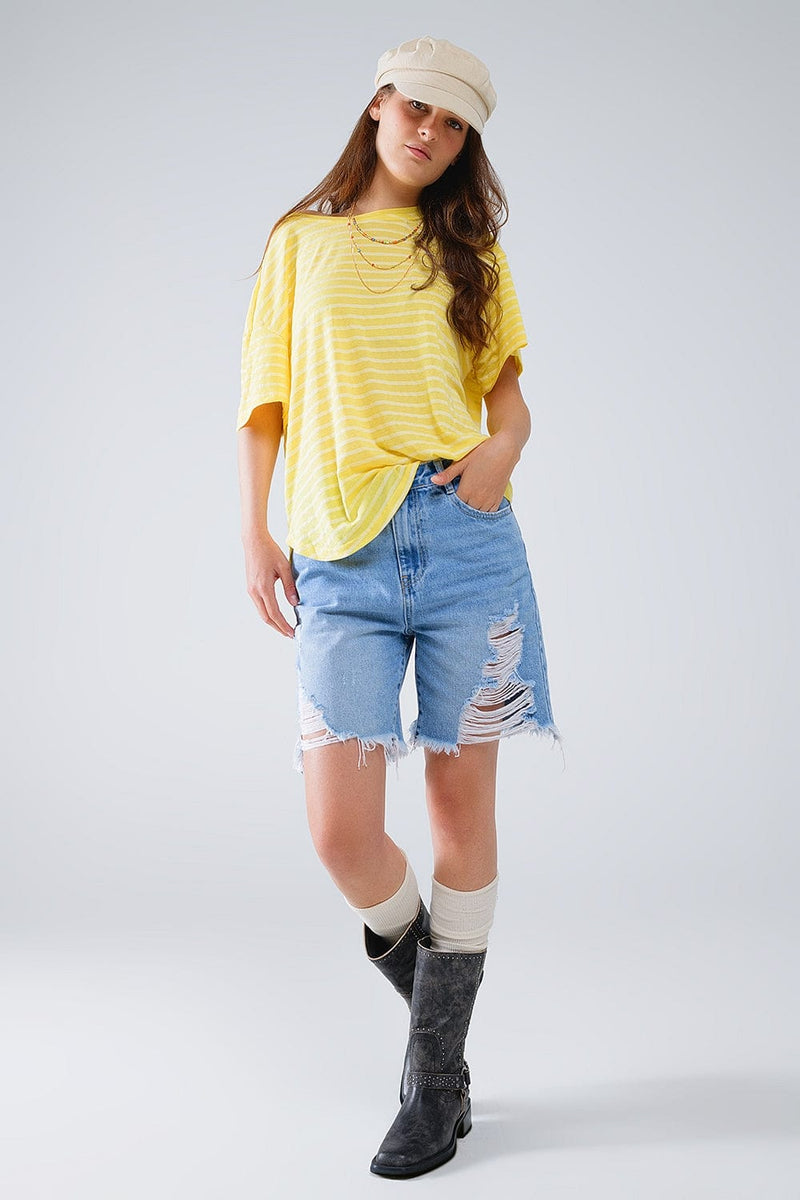 Q2 Women's Tees & Tanks Relaxed Striped T-Shirt With Crew Neckline In Yellow