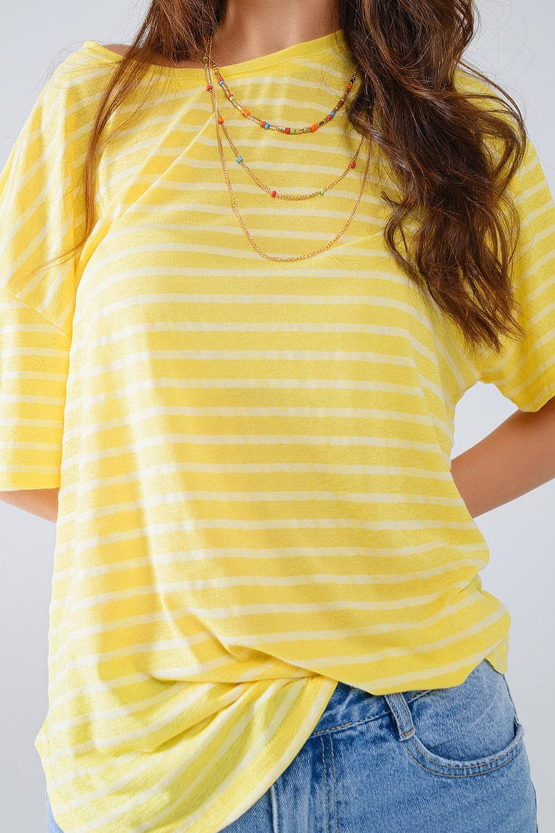 Q2 Women's Tees & Tanks Relaxed Striped T-Shirt With Crew Neckline In Yellow