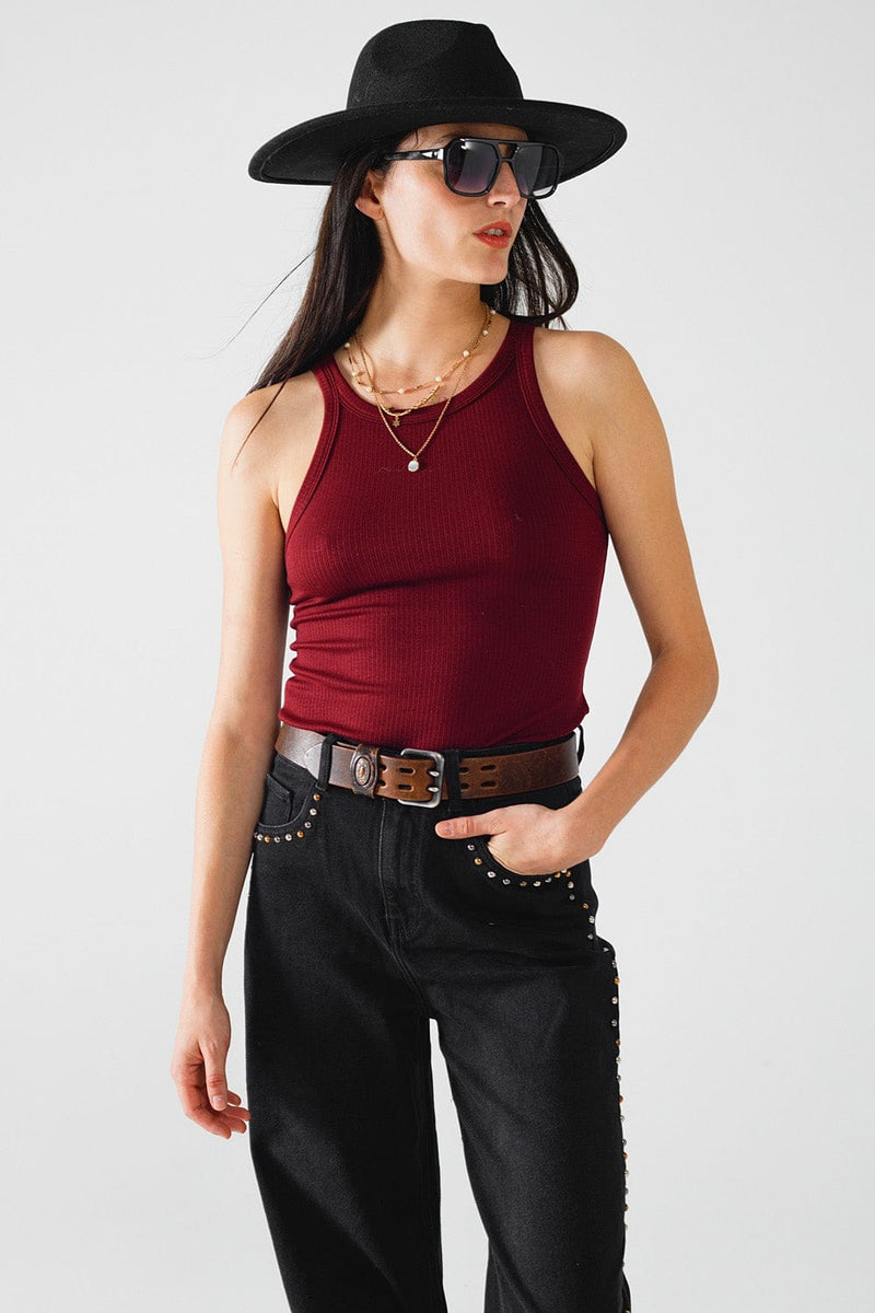 Q2 Women's Tees & Tanks Sleeveless Burgundy Top With Ribbed Details