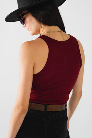 Q2 Women's Tees & Tanks Sleeveless Burgundy Top With Ribbed Details