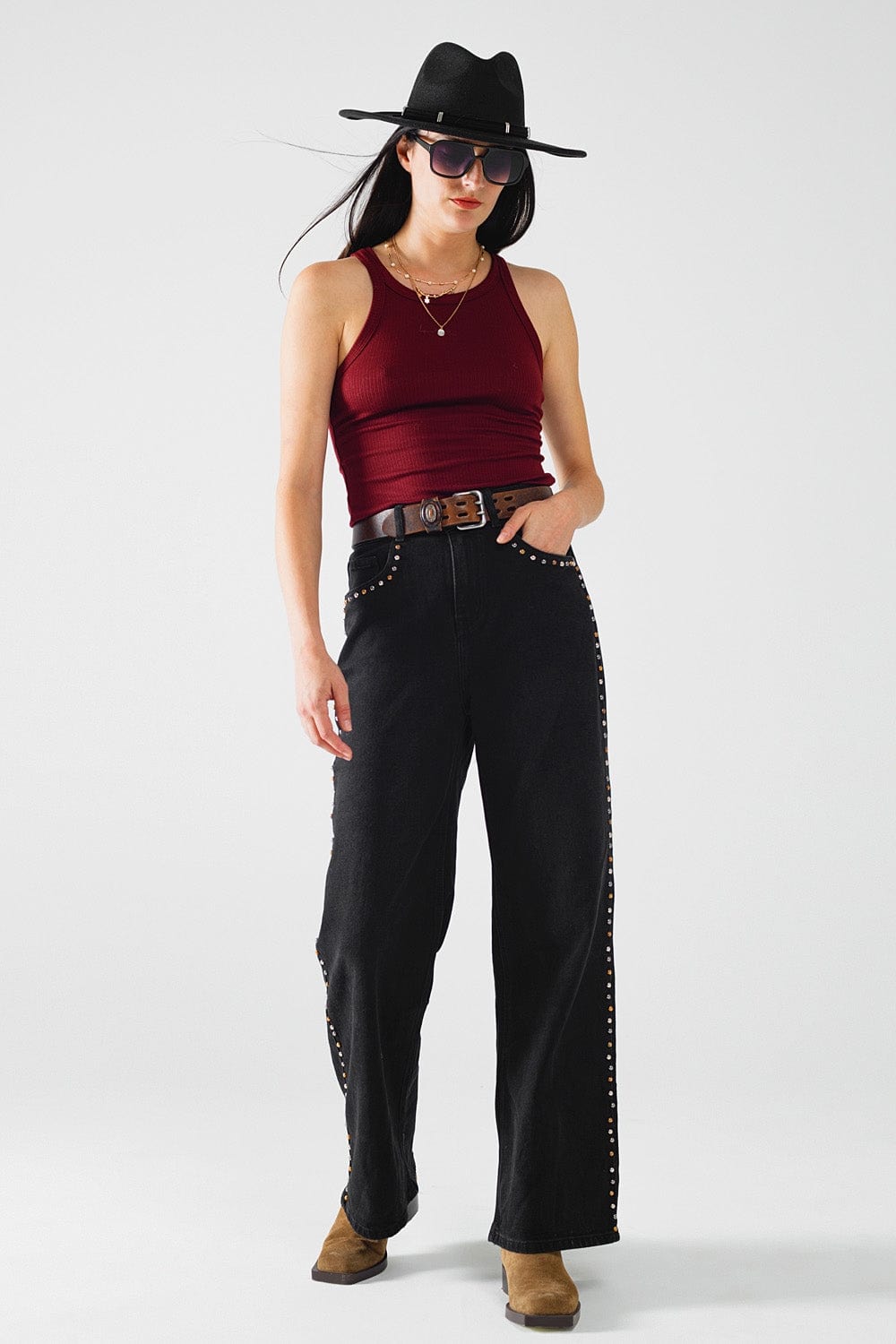 Q2 Women's Tees & Tanks Sleeveless Burgundy Top With Ribbed Details