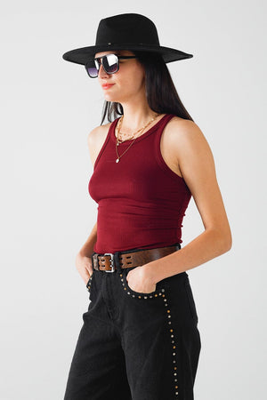 Q2 Women's Tees & Tanks Sleeveless Burgundy Top With Ribbed Details