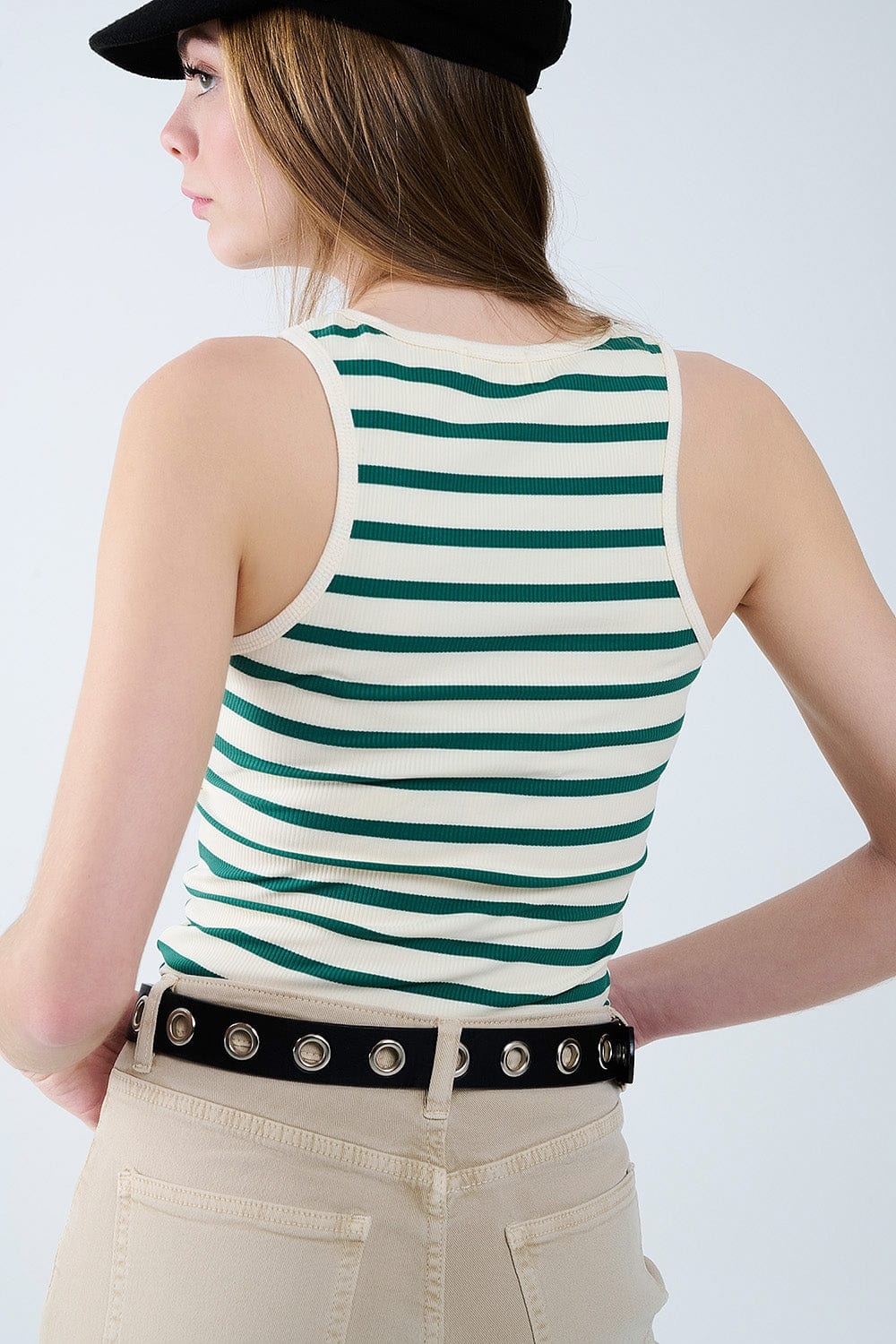 Q2 Women's Tees & Tanks Striped White Tank Top With Green