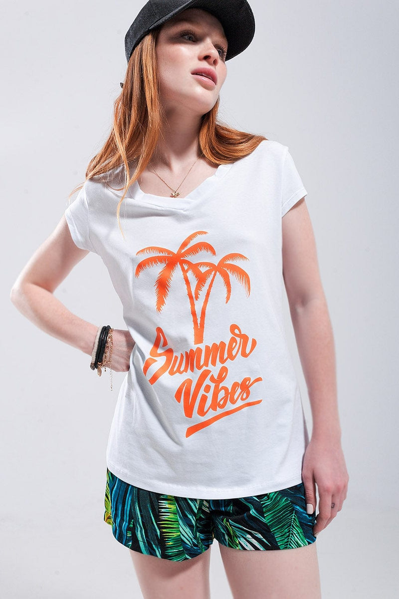 Q2 Women's Tees & Tanks Summer Vibes Print T Shirt in White