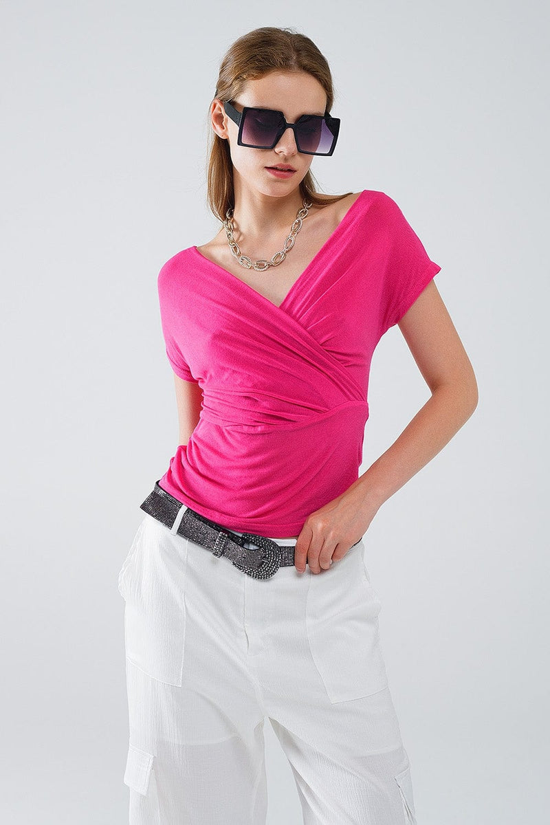 Q2 Women's Tees & Tanks V-Neck Crossed Drapped Fitted Top With Cap Sleeves In Fuchsia