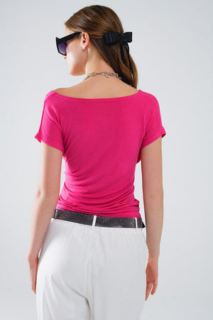 Q2 Women's Tees & Tanks V-Neck Crossed Drapped Fitted Top With Cap Sleeves In Fuchsia