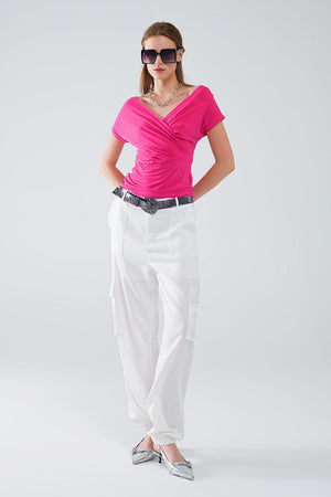 Q2 Women's Tees & Tanks V-Neck Crossed Drapped Fitted Top With Cap Sleeves In Fuchsia