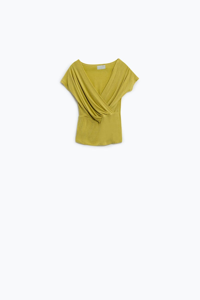 Q2 Women's Tees & Tanks V-Neck Crossed Drapped Fitted Top With Cap Sleeves In Light Lime