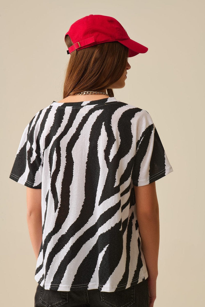 Q2 Women's Tees & Tanks V-Neck T-Shirt With Black Zebra Print