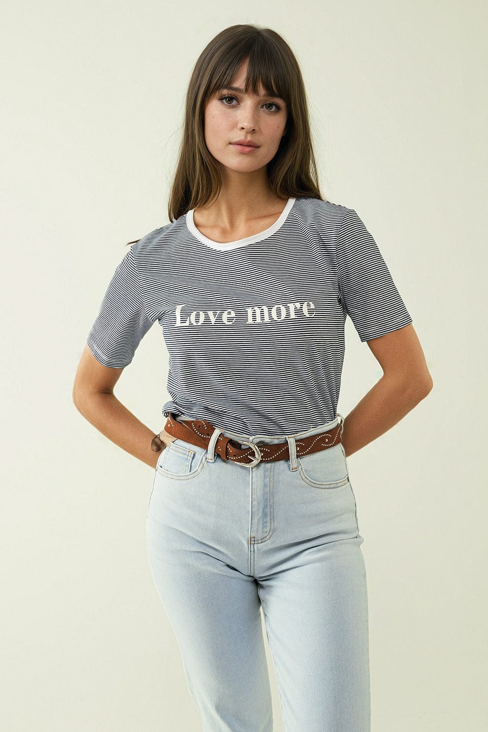 Q2 Women's Tees & Tanks White T-Shirt With Black Stripes And Love More Texted