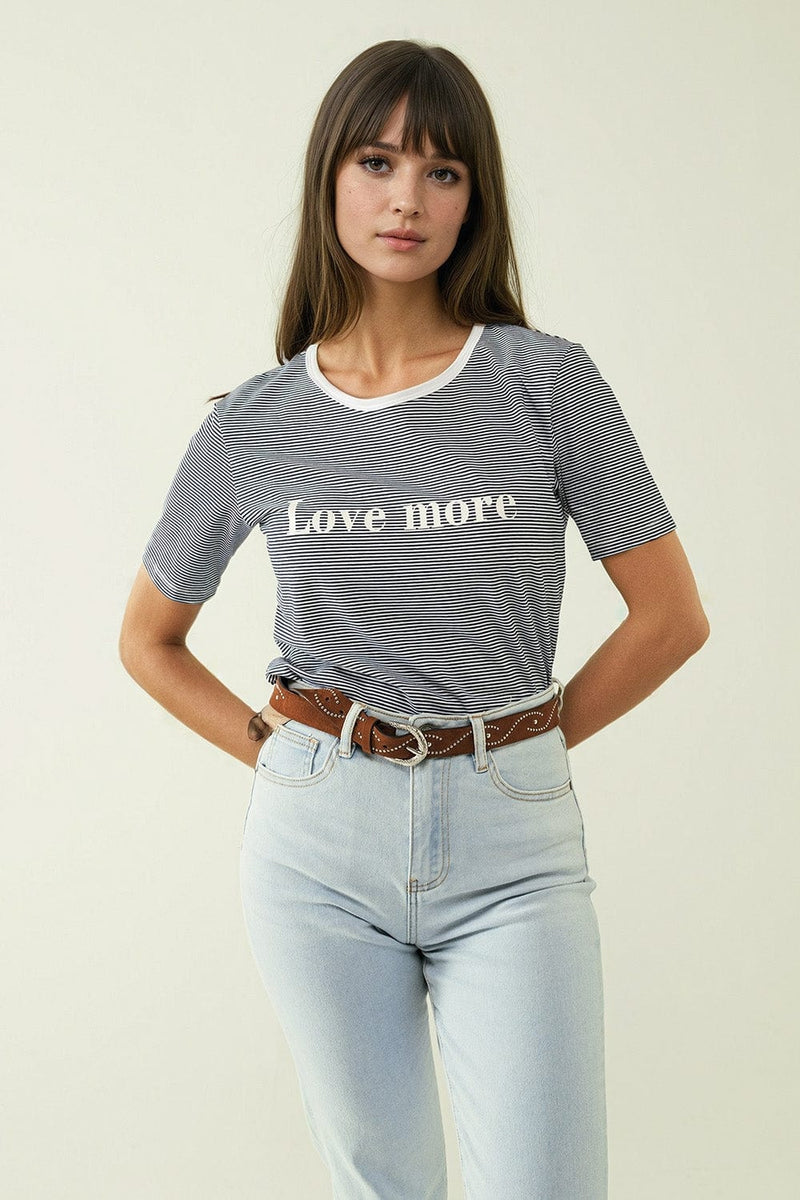 Q2 Women's Tees & Tanks White T-Shirt With Black Stripes And Love More Texted