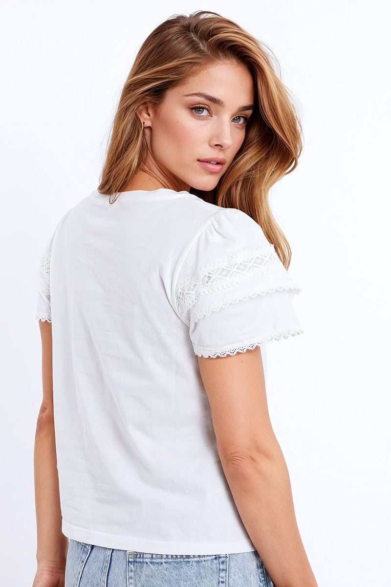 Q2 Women's Tees & Tanks White T-Shirt With Double Layer Laced Ruffled Sleeves.