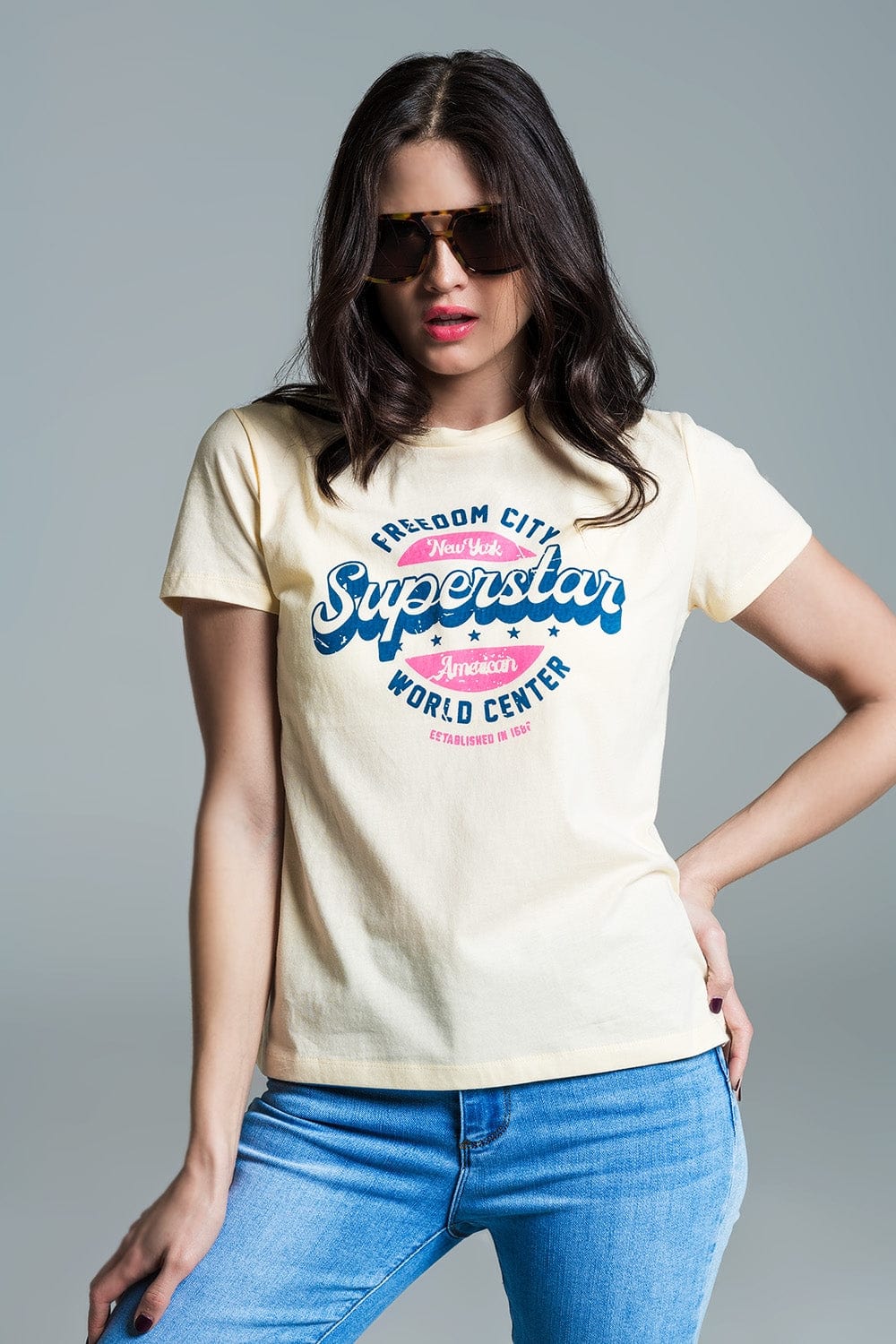 Q2 Women's Tees & Tanks Yellow "Superstar" Printed T-Shirt