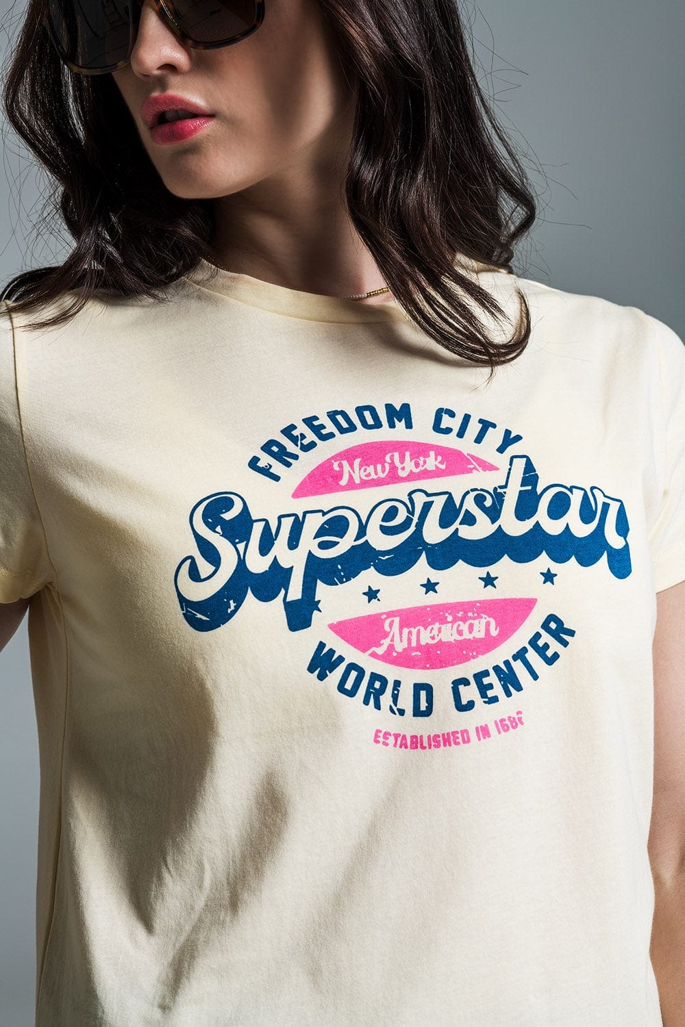 Q2 Women's Tees & Tanks Yellow "Superstar" Printed T-Shirt